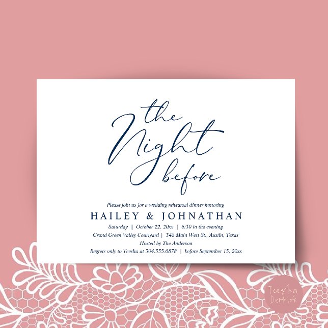 Convite O Jantar da Véspera, Jantar de Ensaios de Casament (The Night Before, Modern Romantic Wedding Rehearsal Dinner Invitation Card in Navy Blue)