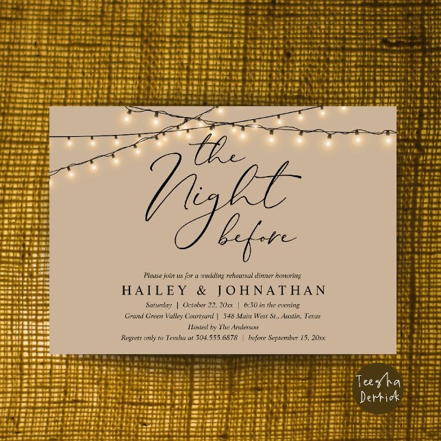 Convite O Jantar da Véspera, Jantar de Ensaios de Casament (The Night Before, Modern Romantic Wedding Rehearsal Dinner Invite Card in String Lights Brown Tan)