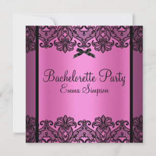 Convite O laço cor-de-rosa & preto Bachelorette do damasc