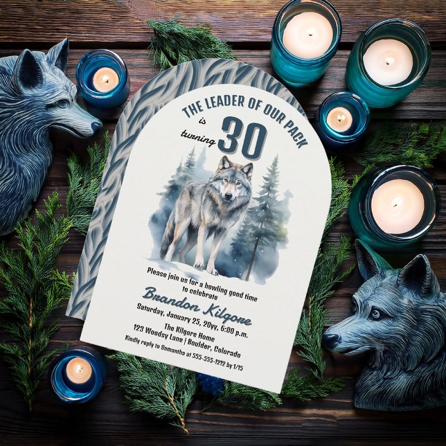 Convite O líder do nosso aniversário de 30 anos do Lobo Pa ("The Leader of Our Pack is Turning 30" 30th Birthday Arched Invitation)