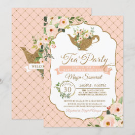 Convite O luxo do tea party cora chá de fraldas floral da