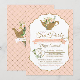 Convite O luxo do tea party cora chá de fraldas floral da