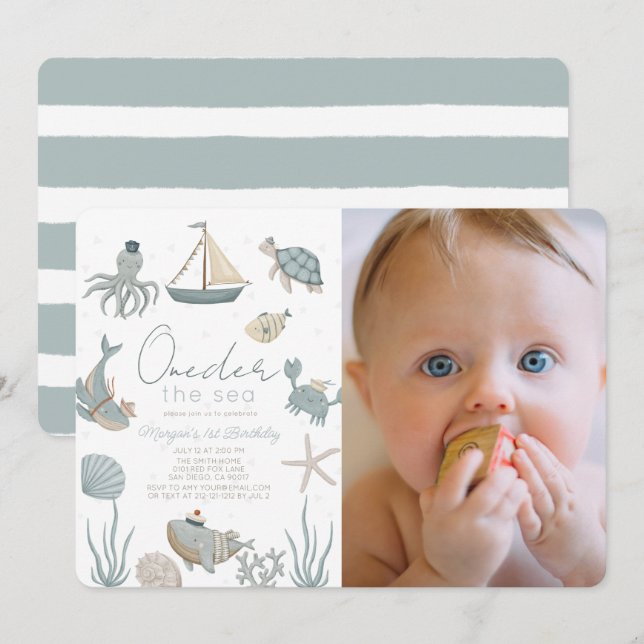 Convite O mar cria o primeiro aniversario azul foto (Frente/Verso)