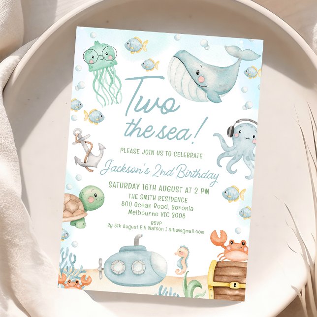 Convite O Mar Verde Azul Constitui Dois segundos aniversár (Boys Two The Sea 2nd Birthday Invitation, Under the Sea Themed Birthday Party Invite, Ocean Critters)