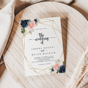 Convite O Marinho Blush Floral Dourado Casamento Geométric