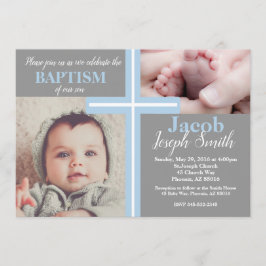 Convite O menino cinzento religioso do baptismo azul