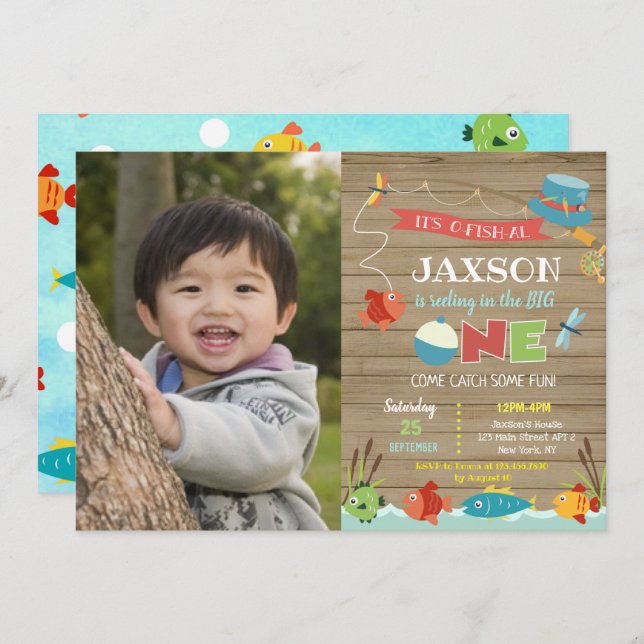 Convite O menino é seu primeiro aniversario O-fish-al. (Frente/Verso)