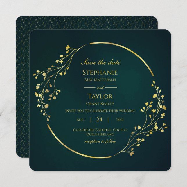 Convite O Moderno Dourado Eucalyptus Green Salva A Data (Frente/Verso)