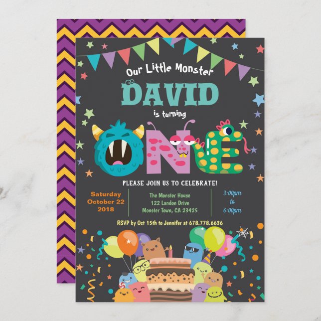 Convite O monstro da primeira festa de aniversário. Garoto (Frente/Verso)
