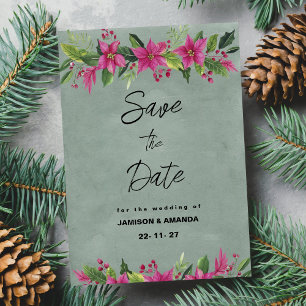 Convite O Natal floral verde cor-de-rosa Salva a Data