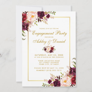 Convite O noivado Dourado floral do casamento de Borgonha
