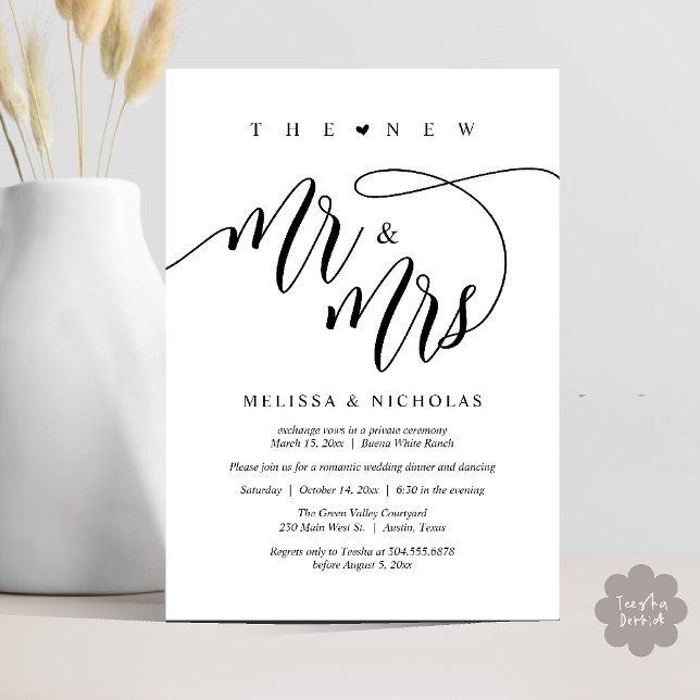 Convite O Novo Sr. e a Sra. Modern Festa de casamento Jant (The New Mr and Mrs, Modern Romantic Wedding Dinner Party Invites Minimalist Card PDF in Black White)