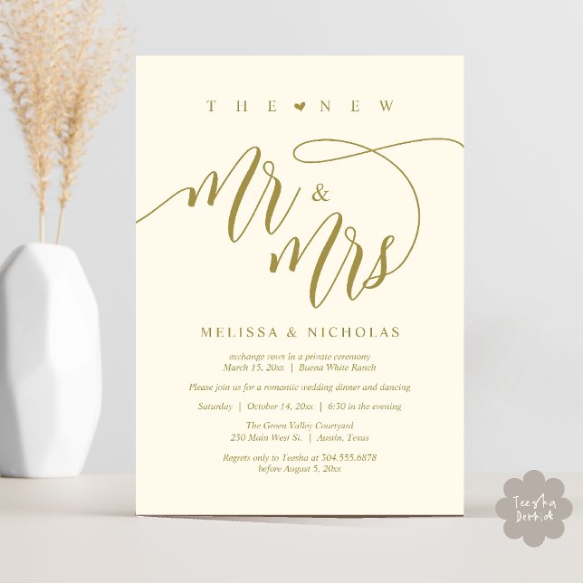 Convite O Novo Sr. e a Sra. Modern Festa de casamento Jant (The New Mr and Mrs, Modern Romantic Wedding Dinner Party Invites Card PDF in Aesthetic Yellow Gold)