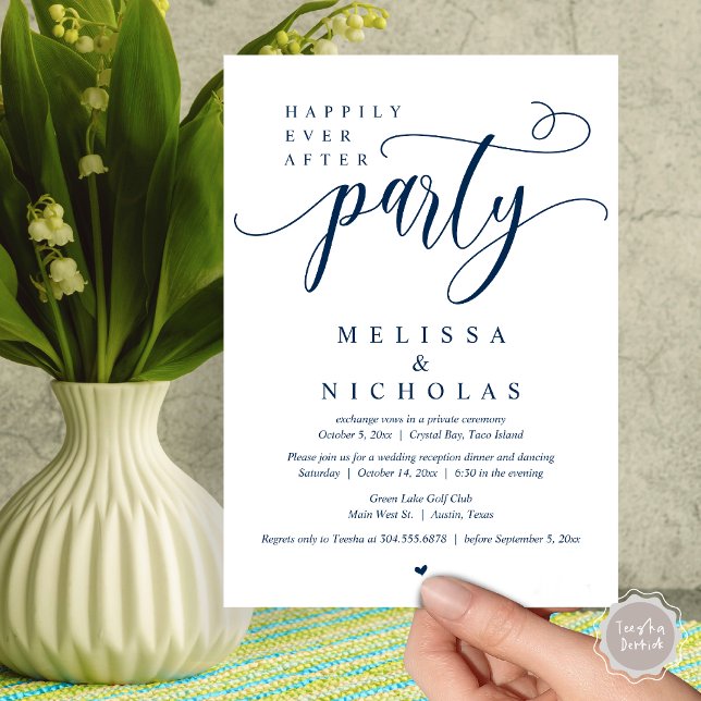 Convite O Novo Sr. e a Sra., Partido do Janto de Elopement (Happily ever after party, Wedding Elopement Dinner Dancing Invitation Card, PDF, Navy Blue)