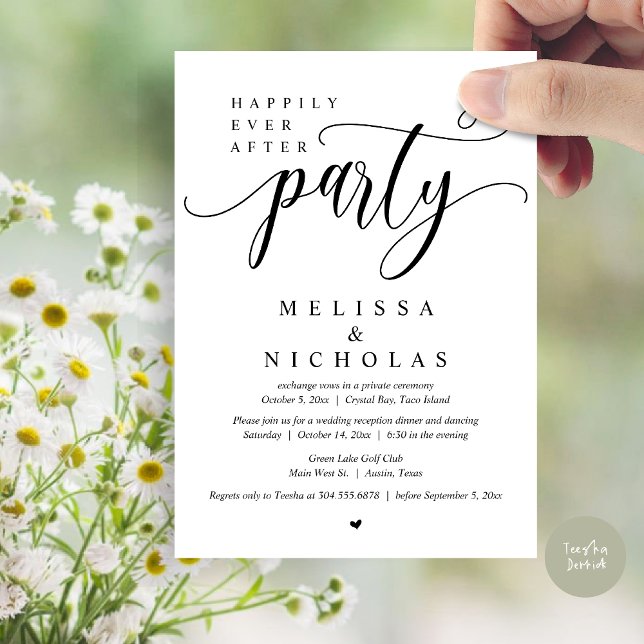 Convite O Novo Sr. e a Sra., Partido do Janto de Elopement (Happily Ever After Party, Wedding Elopement Dinner Party Invitation Card, PDF, White Black)