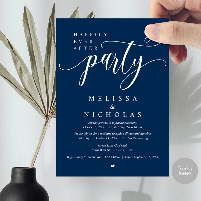 Convite O Novo Sr. e a Sra., Partido do Janto de Elopement (The New Mr and Mrs, Wedding Elopement Dinner Party Invitation Card, PDF, Navy Blue)