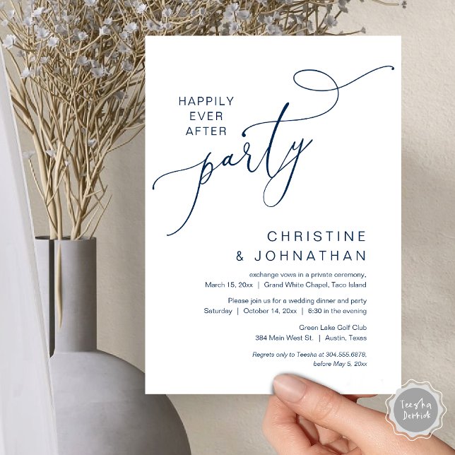 Convite O Novo Sr. e a Sra., Partido do Janto de Elopement (Happily Ever After Party, Wedding Elopement Dinner Dancing Invitation Card, PDF, Navy Blue)