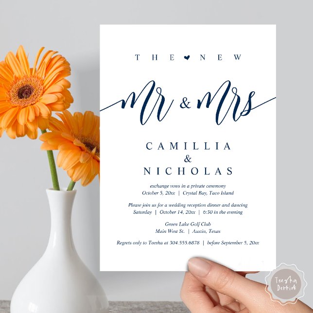 Convite O Novo Sr. e a Sra., Partido do Janto de Elopement (The New Mr and Mrs, Wedding Elopement Dinner Party Invitation Card, PDF, Navy Blue)
