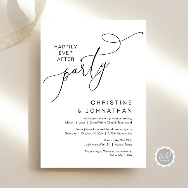 Convite O Novo Sr. e a Sra., Partido do Janto de Elopement (Happily ever after party, Wedding Elopement Dinner Party Invitation Card, PDF, White Black)
