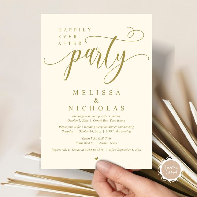 Convite O Novo Sr. e a Sra., Partido do Janto de Elopement (Happily ever after, Wedding Elopement Dinner Party Lunch Brunch Invitation Card, PDF, Yellow Gold)