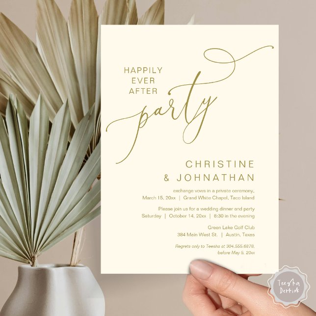 Convite O Novo Sr. e a Sra., Partido do Janto de Elopement (Happily ever after, Wedding Elopement Dinner Party Lunch Brunch Invitation Card, PDF, Yellow Gold)