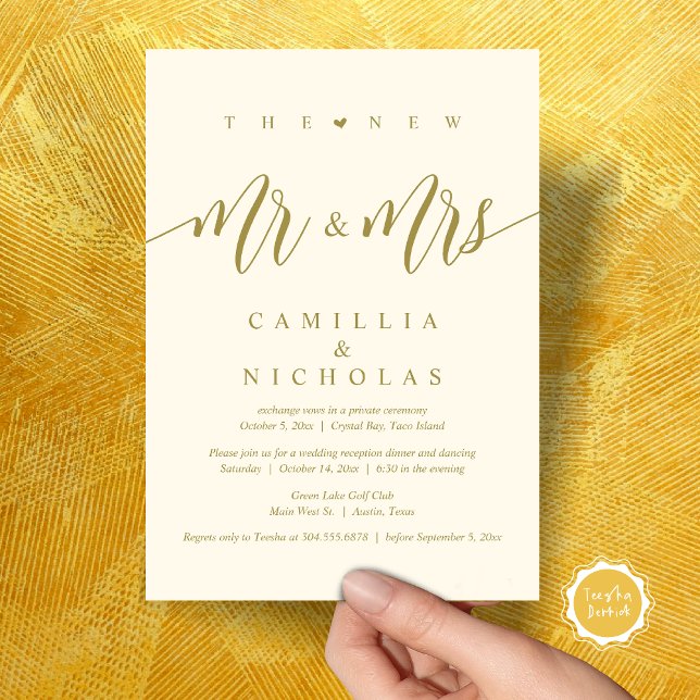 Convite O Novo Sr. e a Sra., Partido do Janto de Elopement (The New Mr and Mrs, Wedding Elopement Dinner Party Lunch Brunch Invitation Card, PDF, Yellow Gold)