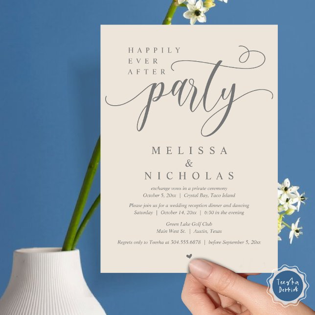 Convite O Novo Sr. e a Sra., Partido do Janto de Elopement (Happily ever after, Wedding Elopement Dinner Party Lunch Brunch Invitation Card, PDF, Grey Cream)