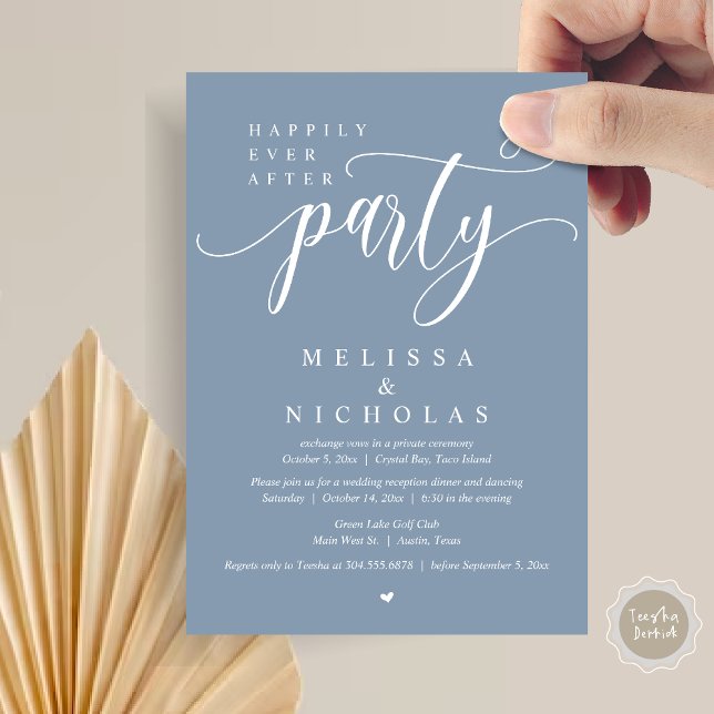 Convite O Novo Sr. e a Sra., Partido do Janto de Elopement (Happily ever after Wedding Elopement Dinner Party dancing Invitation Card, PDF, Dusty Blue)
