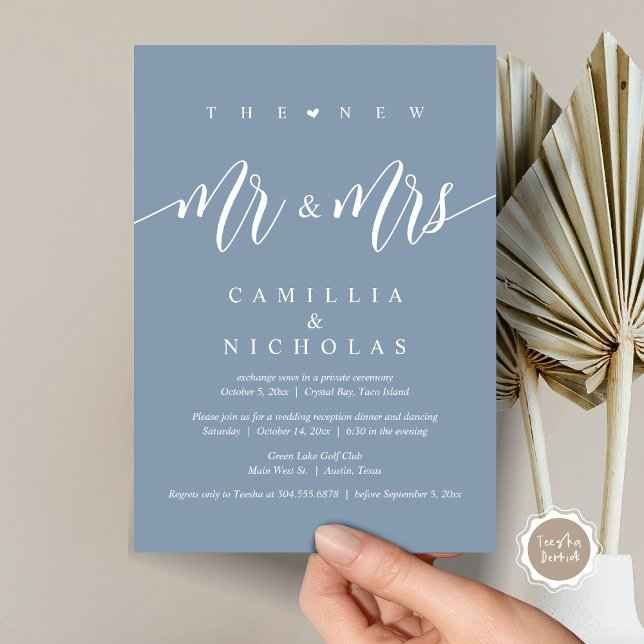 Convite O Novo Sr. e a Sra., Partido do Janto de Elopement (The New Mr and Mrs, Wedding Elopement Dinner Party Invitation Card, PDF, Dusty Blue)