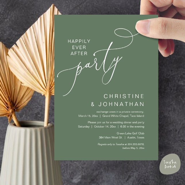 Convite O Novo Sr. e a Sra., Partido do Janto de Elopement (Happily ever after Wedding Elopement Dinner Party Brunch Invitation Card, PDF, Forest Sage Green)