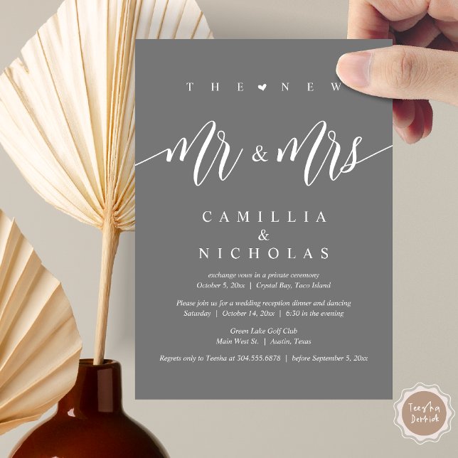 Convite O Novo Sr. e a Sra., Partido do Janto de Elopement (The New Mr and Mrs, Wedding Elopement Dinner Party Lunch Brunch Invitation Card, PDF, Dark Grey)