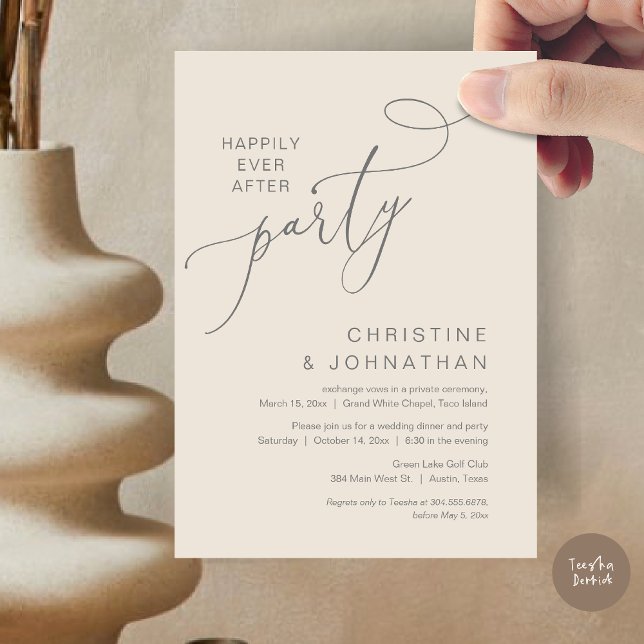 Convite O Novo Sr. e a Sra., Partido do Janto de Elopement (Happily ever after, Wedding Elopement Dinner Party Lunch Brunch Invitation Card, PDF, Grey Cream)