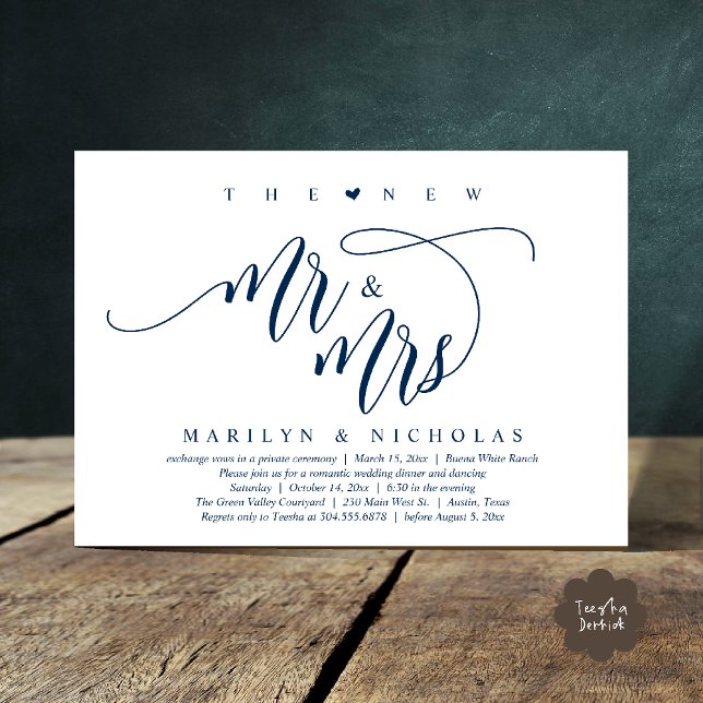 Convite O Novo Sr. e a Sra., Partido Jante do Casamento Mo (The New Mr and Mrs, Modern Romantic Wedding Dinner Party Invites Minimalist Card PDF in Navy blue)