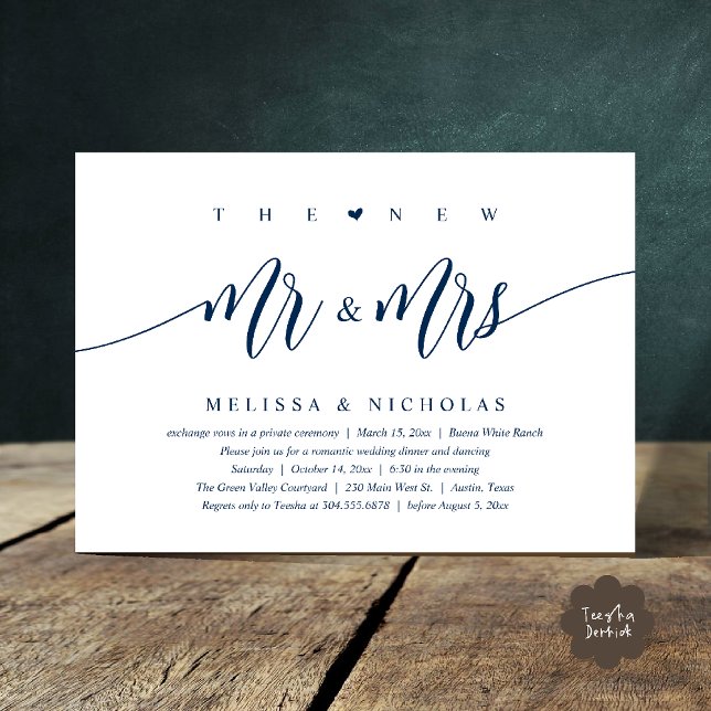 Convite O Novo Sr. e a Sra., Partido Jante do Casamento Mo (The New Mr and Mrs, Modern Romantic Wedding Dinner Party Invites Minimalist Card PDF in Navy blue)