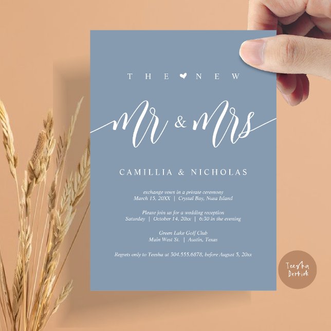 Convite O Novo Sr. e Sra., Partido do Elopemento do Casame (The New Mr and Mrs, Modern Wedding Elopement Party Invitation Card, PDF, in Dusty Blue)