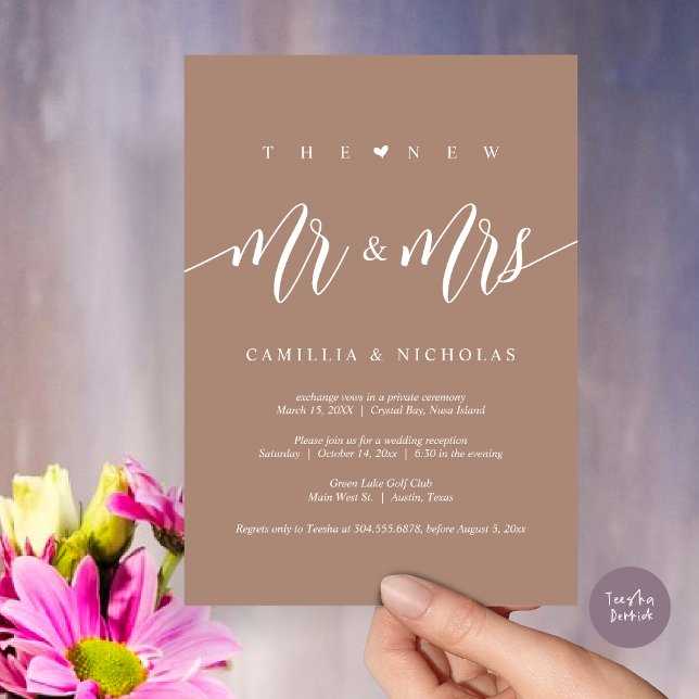 Convite O Novo Sr. e Sra., Partido do Elopemento do Casame (The New Mr and Mrs, Modern Wedding Elopement Party Invitation Card, PDF, in Neutral Warm Taupe)