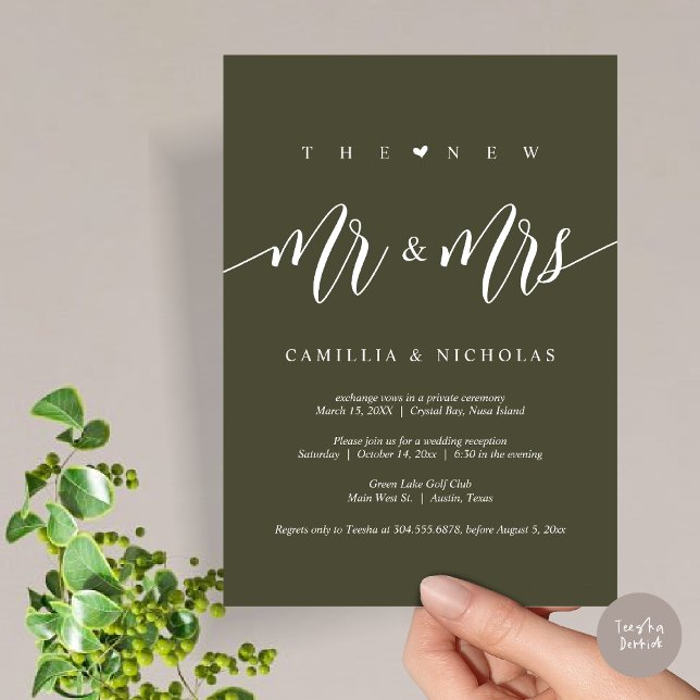 Convite O Novo Sr. e Sra., Partido do Elopemento do Casame (The New Mr and Mrs, Modern Wedding Elopement Party Invitation Card, PDF, in Olive Green)