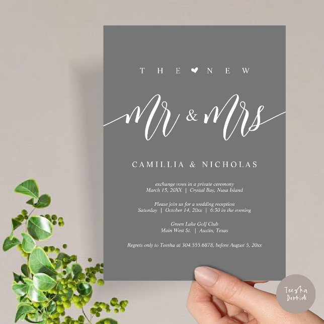 Convite O Novo Sr. e Sra., Partido do Elopemento do Casame (The New Mr and Mrs, Modern Wedding Elopement Party Invitation Card, PDF, in Dark Grey)