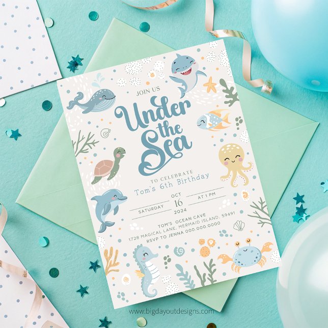 Convite O Oceano Pareceu 6 de Aniversário. Oceano de Crian (Ocean Themed 6th Birthday Invitation. Kids Ocean Party Invite. Editable Template. Boys Under The Sea)