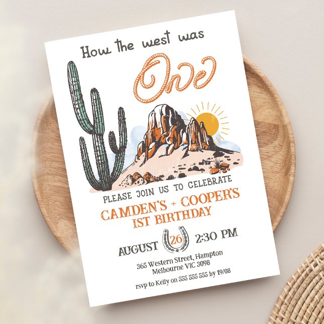 Convite O Ocidente Gira Como O Ocidente Era Um primeiro an (Boy Twins How The West Was One Birthday Invitation, Twin Boy 1st Birthday Invite, Wild West, Rodeo)
