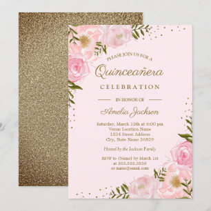 Convite O ouro cora aguarela floral Quinceanera