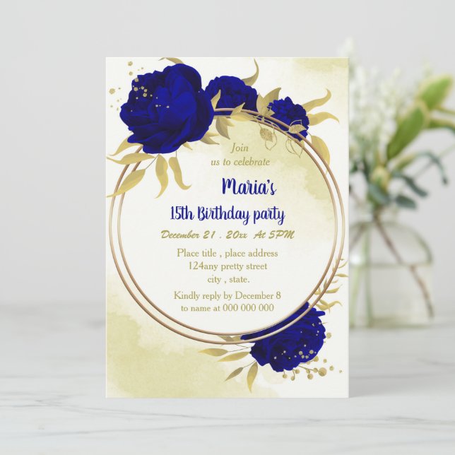 Convite O ouro das flores azuis é o aniversário (Em pé/Frente)