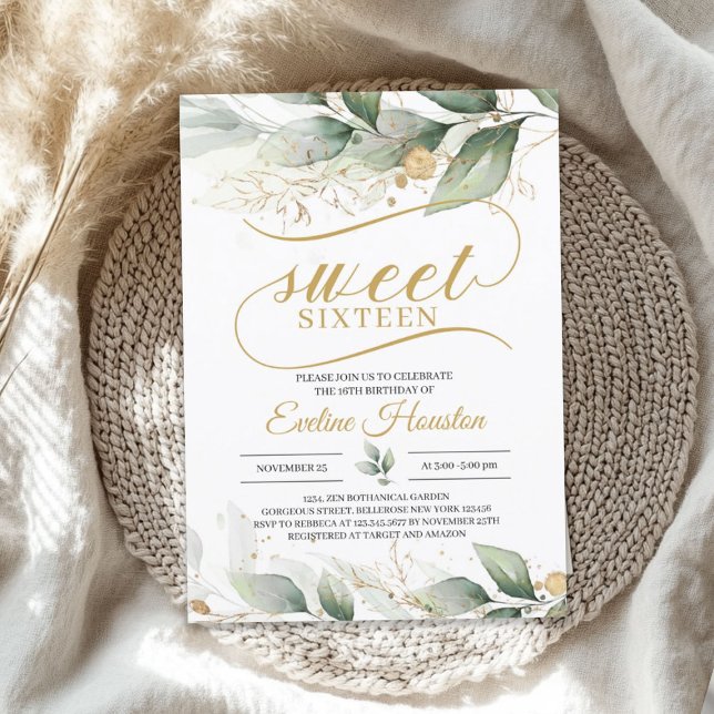 Convite O ouro verde eucalipto deixa o boho doce dezesseis (Greenery eucalyptus gold leaves boho sweet sixteen invitation)