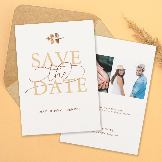 Convite O outono deixa o Casamento outono laranja salvar a (Autumn Leaves Fall Wedding Save the Date Two Photos Elegant Modern Calligraphy Terracotta)