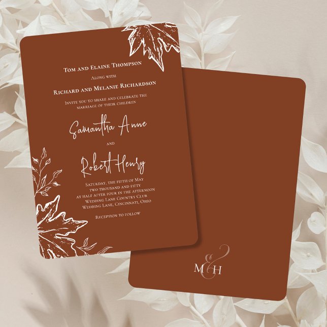 Convite O outono deixa o Casamento outono personalizado (Burgundy wedding invitation with fall leaves. )