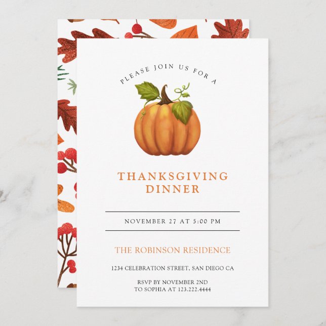 Convite O outono deixa o Janto de Ação de Graças de Pumpki (Frente/Verso)