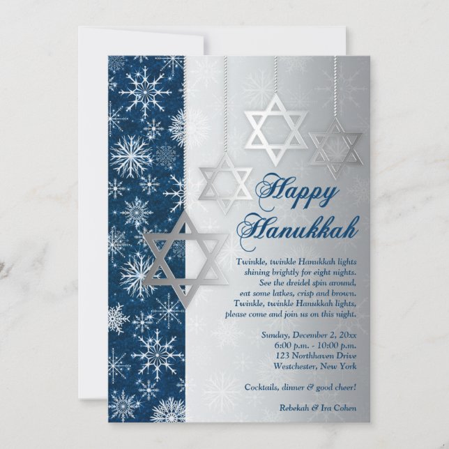 Convite O partido branco de prata azul de Hanukkah dos (Frente)