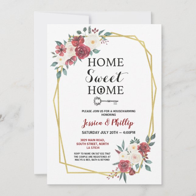Convite O partido do Housewarming floresce o vermelho Home (Frente)