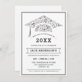 Convite O partido preto & branco do boné de formatura