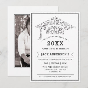Convite O partido preto & branco do boné de formatura